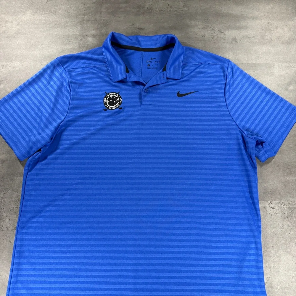 Nike Dri Fit Golf Polo Shirt Blue Stripe Embroidered Chubbs St Andrews Womens XL